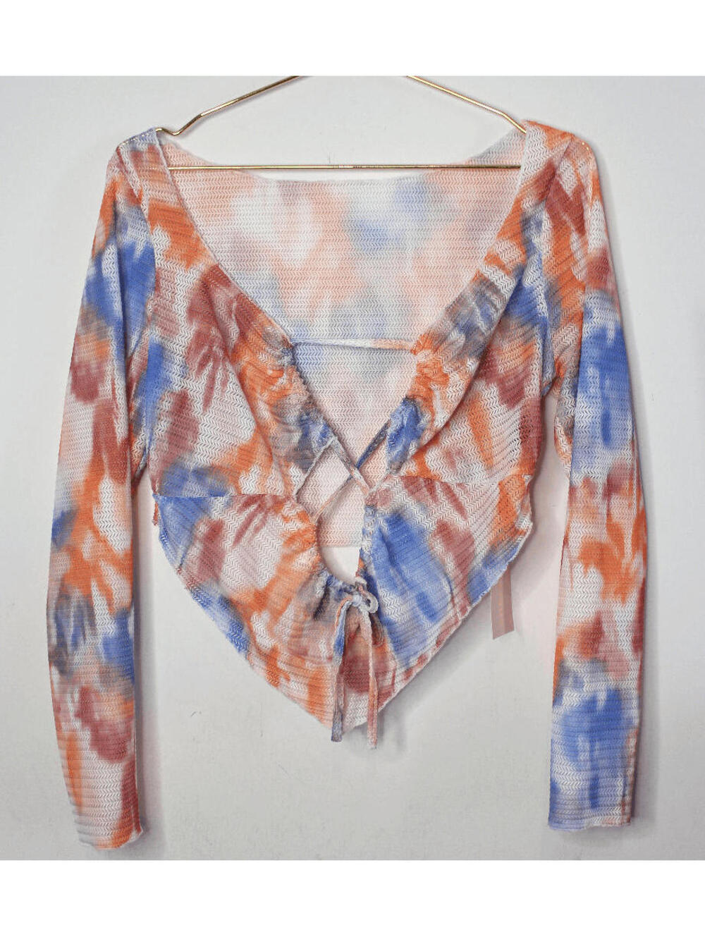 Orange Blue Mesh Tie Front Cover Up Crop Top Long Sleeve - XL